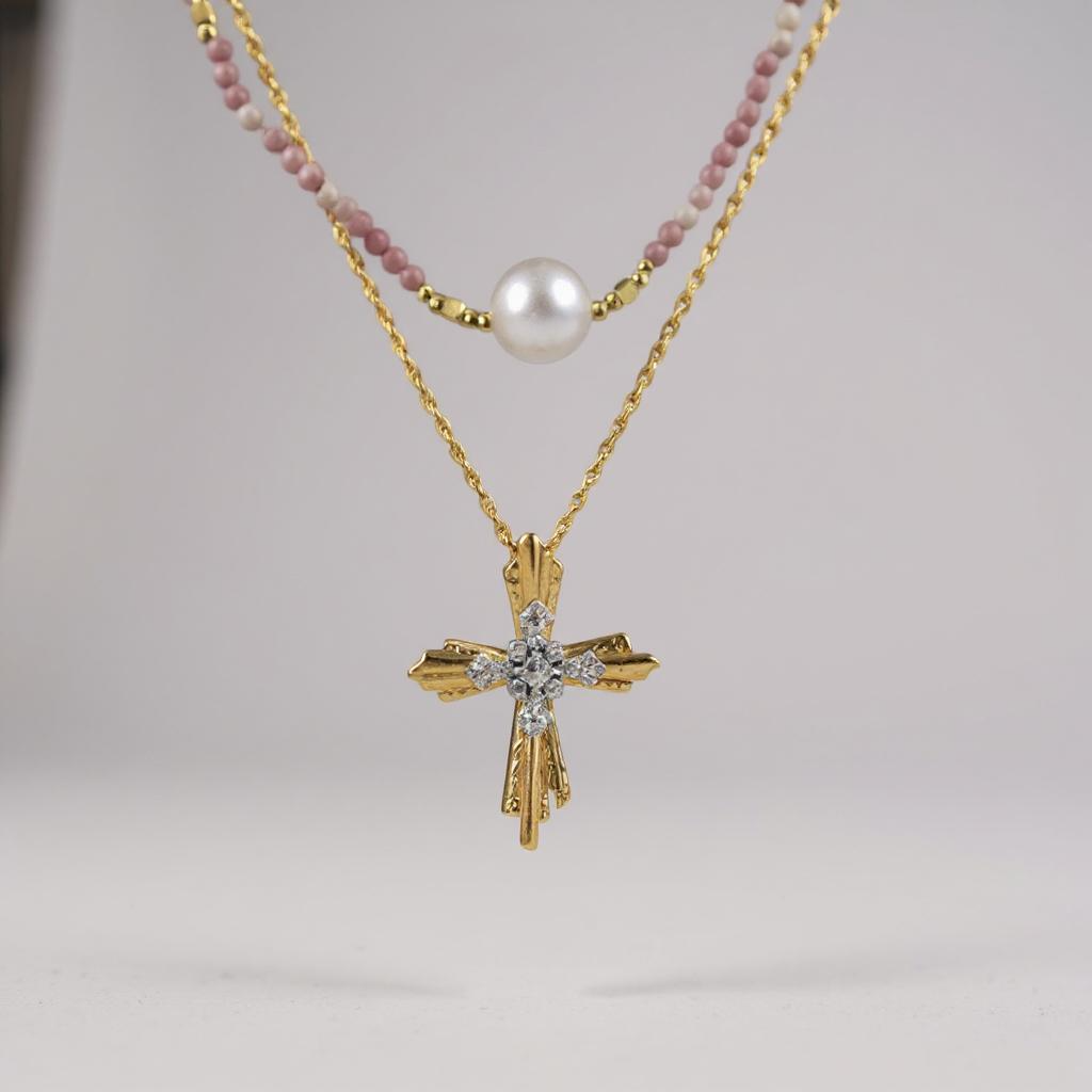 s925 Plated with 18K Gold Cross with Rhodochrosite, Pearl Necklaces Set