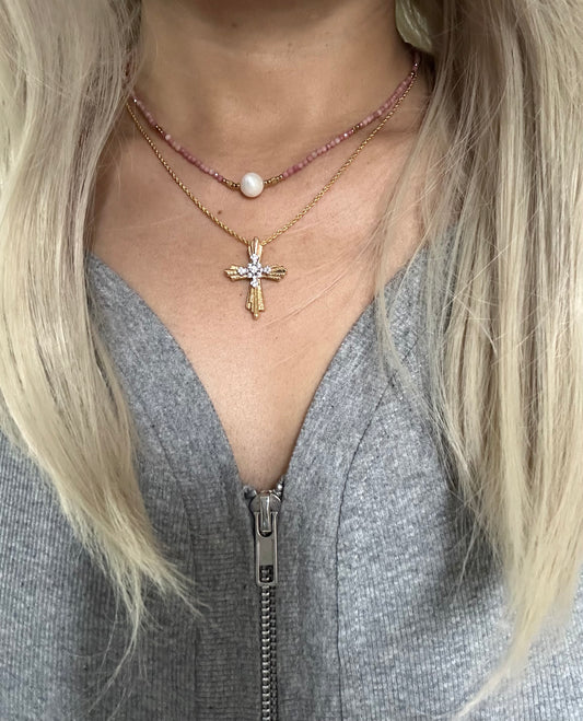 s925 Plated with 18K Gold Cross with Rhodochrosite, Pearl Necklaces Set