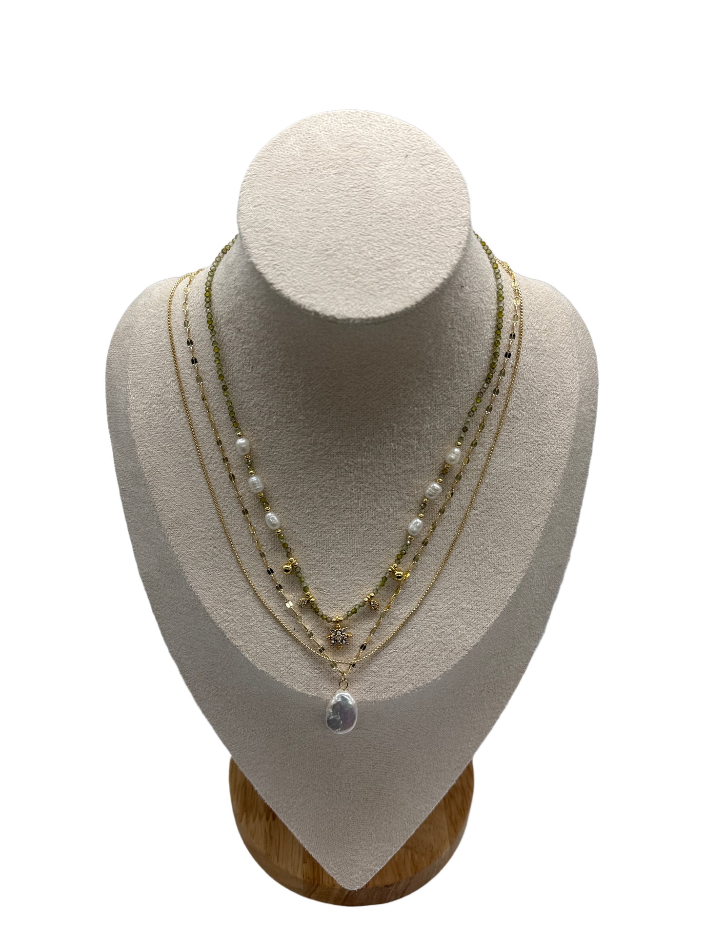 s925 Gold Plated Adjustable Layering Necklace Set – Freshwater Pearl & Green Zircon Stars + Natural Baroque Pearl