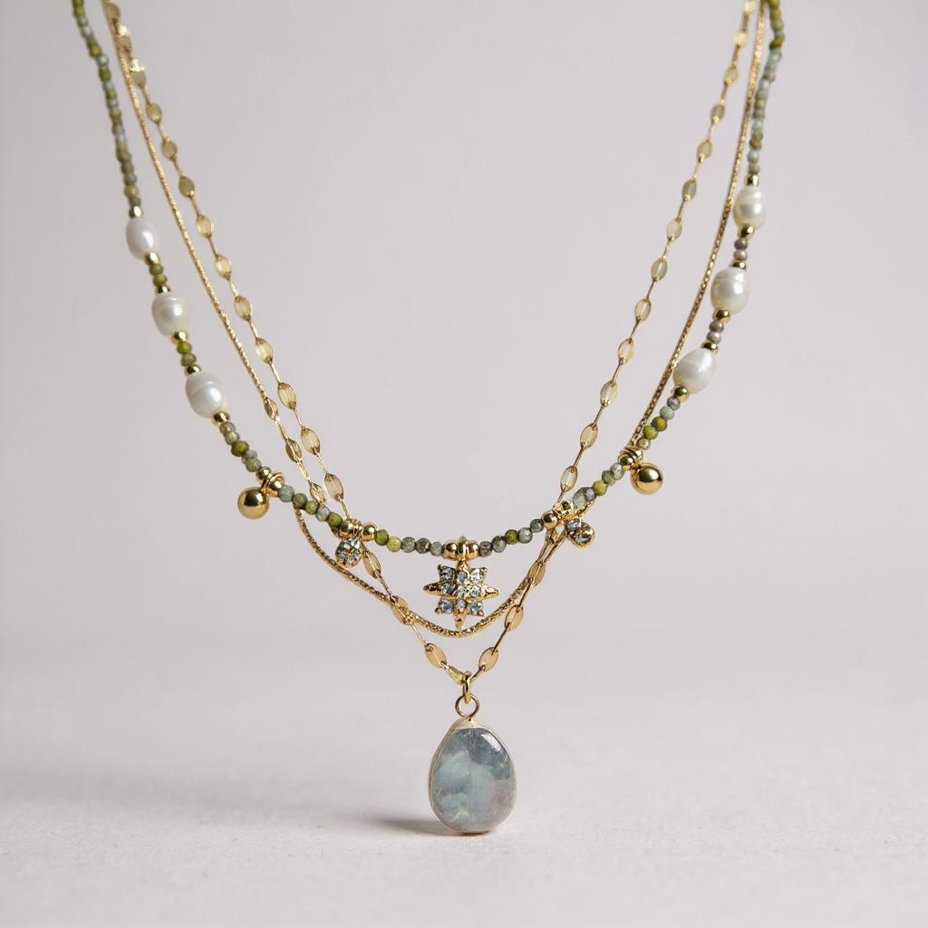 s925 Gold Plated Adjustable Layering Necklace Set – Freshwater Pearl & Green Zircon Stars + Natural Baroque Pearl