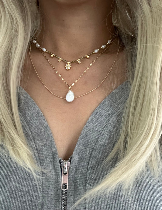 s925 Gold Plated Adjustable Layering Necklace Set – Freshwater Pearl & Green Zircon Stars + Natural Baroque Pearl