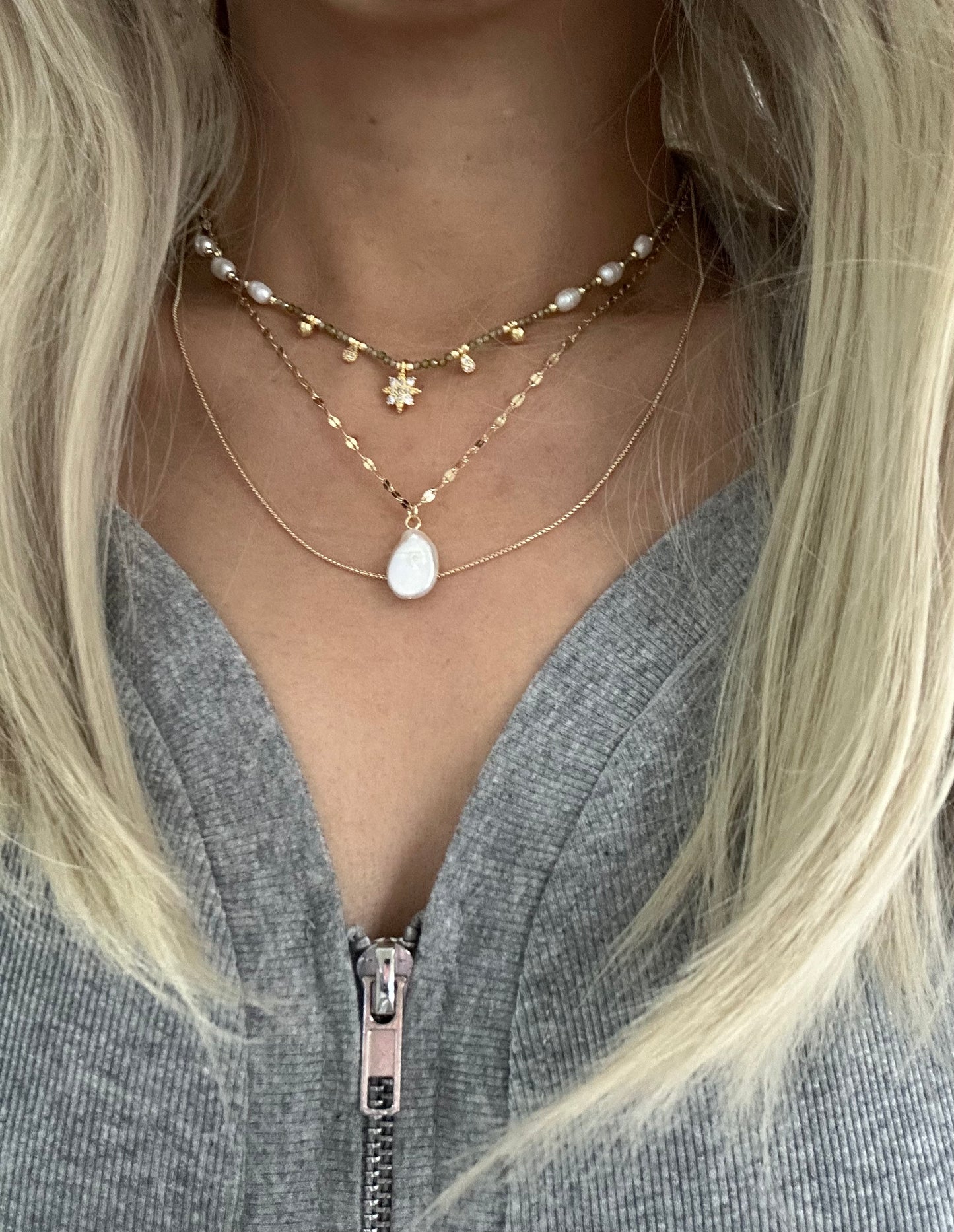 s925 Gold Plated Adjustable Layering Necklace Set – Freshwater Pearl & Green Zircon Stars + Natural Baroque Pearl