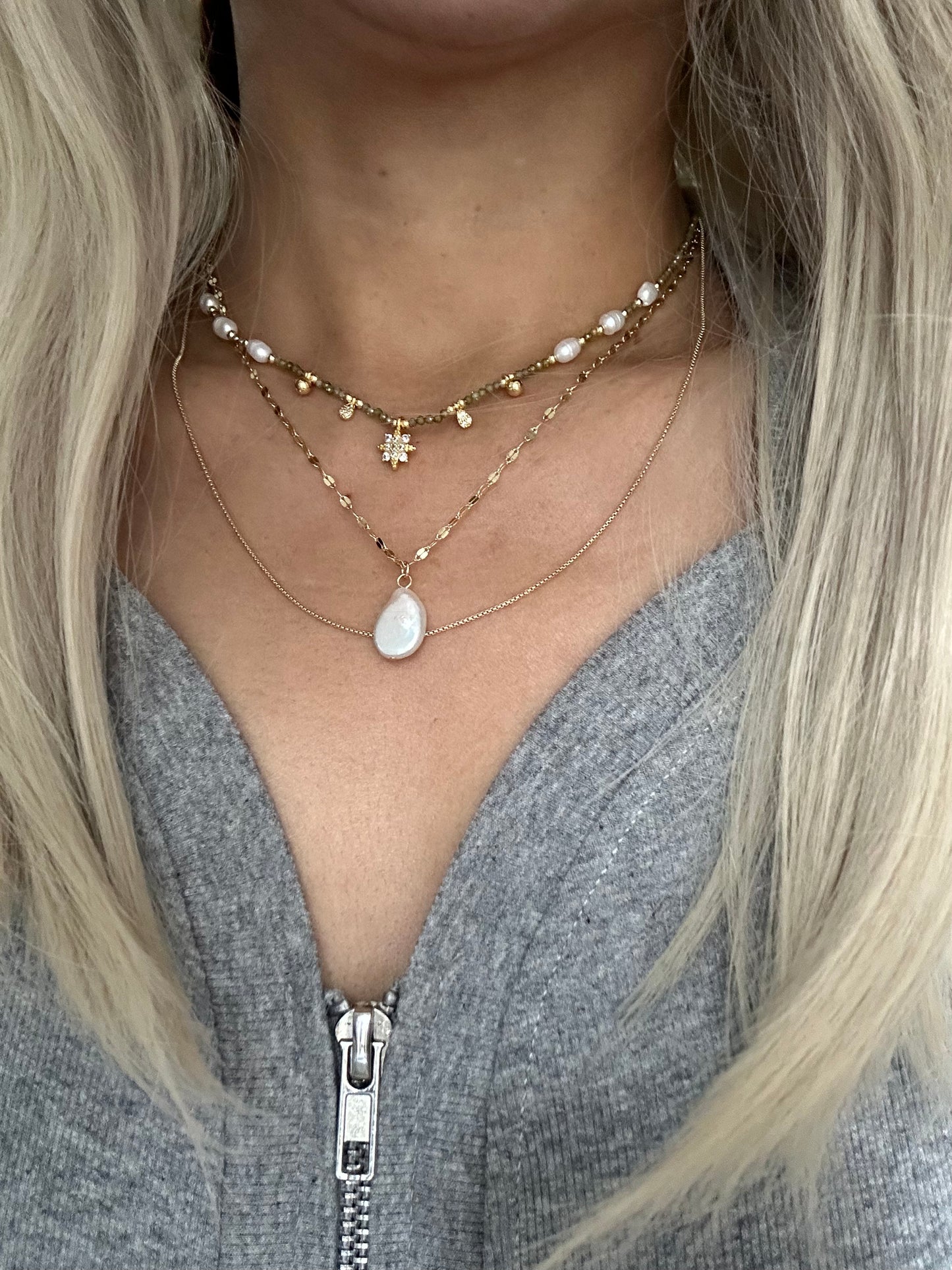 s925 Gold Plated Adjustable Layering Necklace Set – Freshwater Pearl & Green Zircon Stars + Natural Baroque Pearl