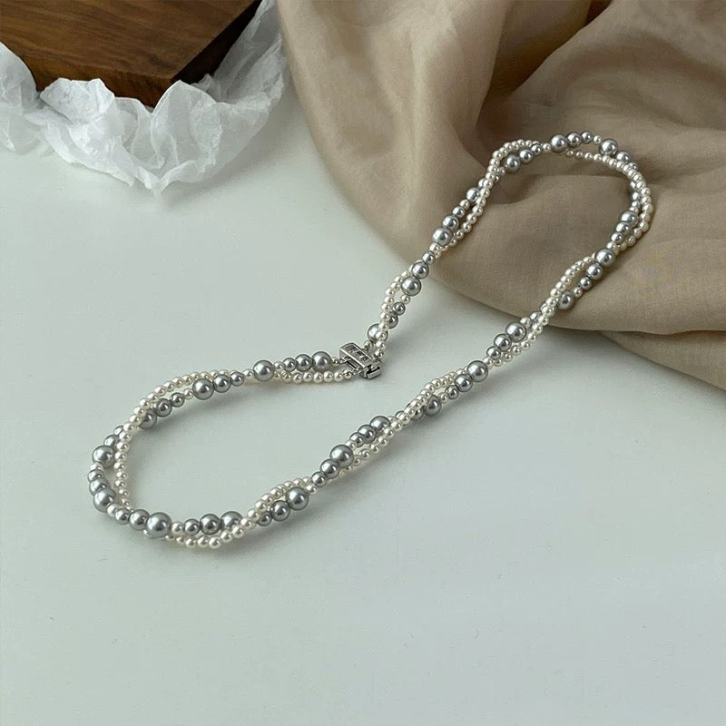 s925 Sterling Silver Twisted Double Layer Necklace with Grey & White Swarovski Pearls