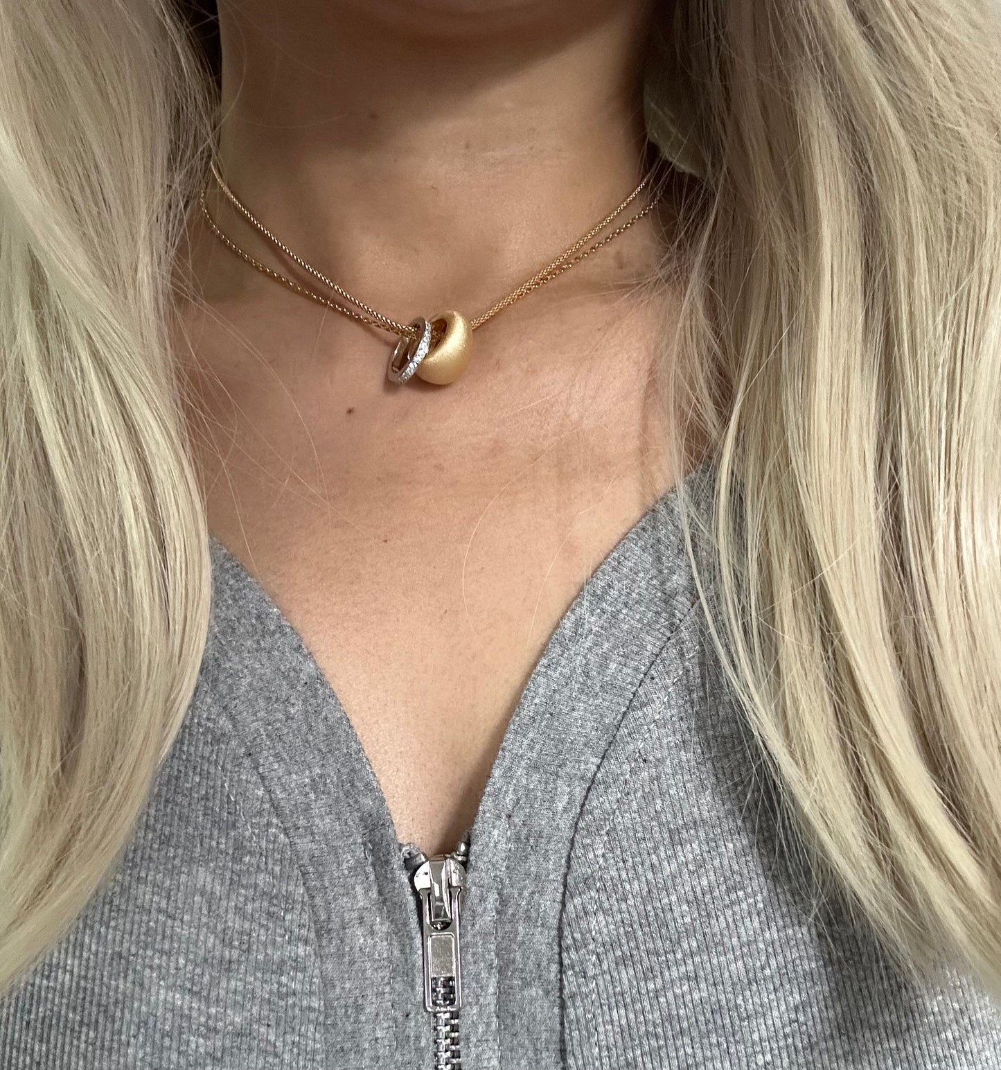 s925 Sterling Silver 18K Gold Plated brushed Two-Tone Rings Necklace