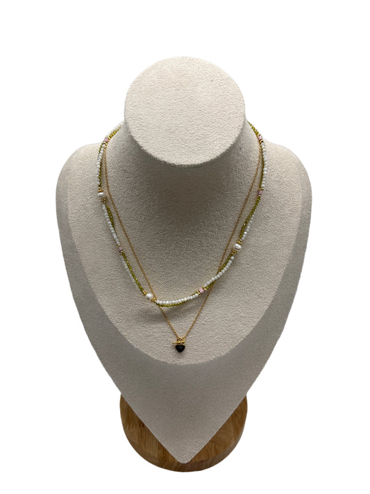 s925 Adjustable Layering Necklaces Set – Green Zircon & Freshwater Pearls + Gold Plated Heart Shaped Black Onyx Clavicle
