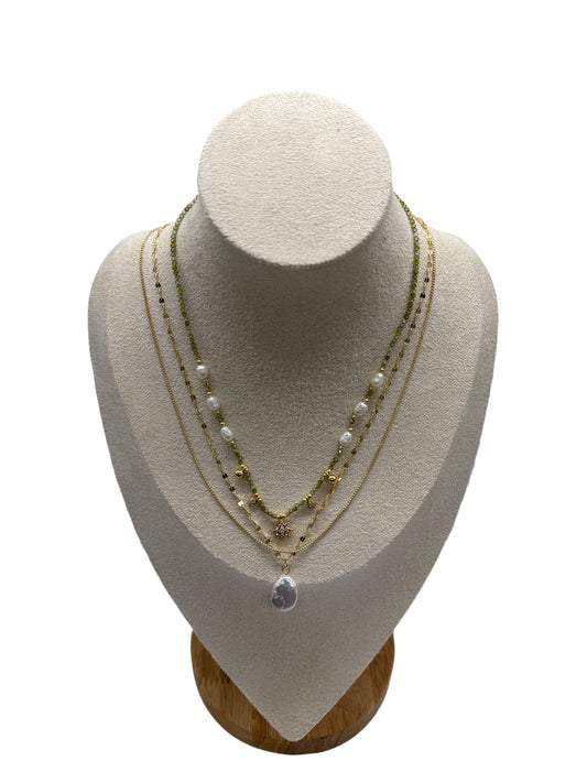 s925 Gold Plated Adjustable Layering Necklace Set – Freshwater Pearl & Green Zircon Stars + Natural Baroque Pearl