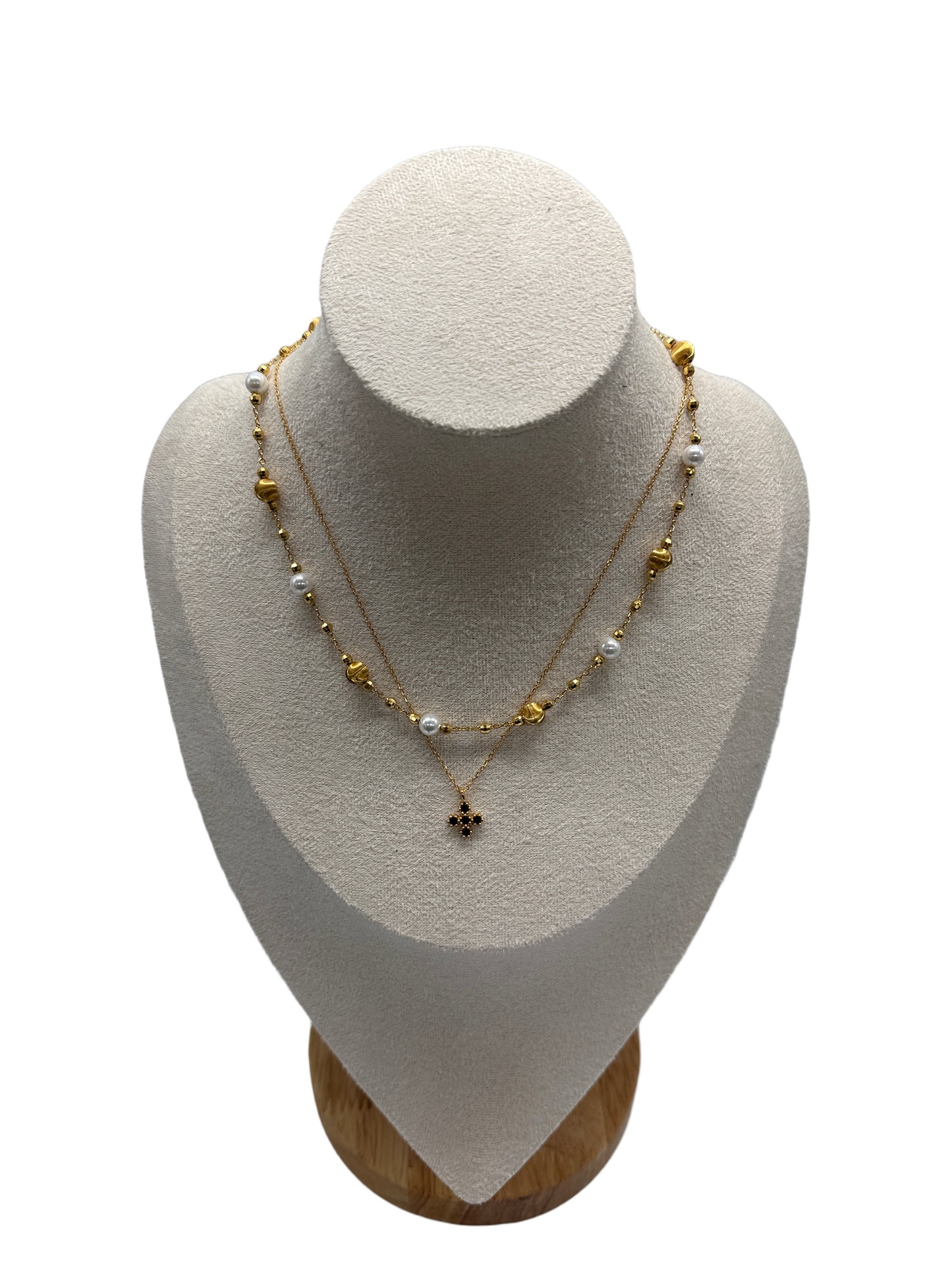 s925 Sterling Silver Gold Plated Necklaces Set: Four-Leaf Clover & Cat Eye with Swarovski Pearls
