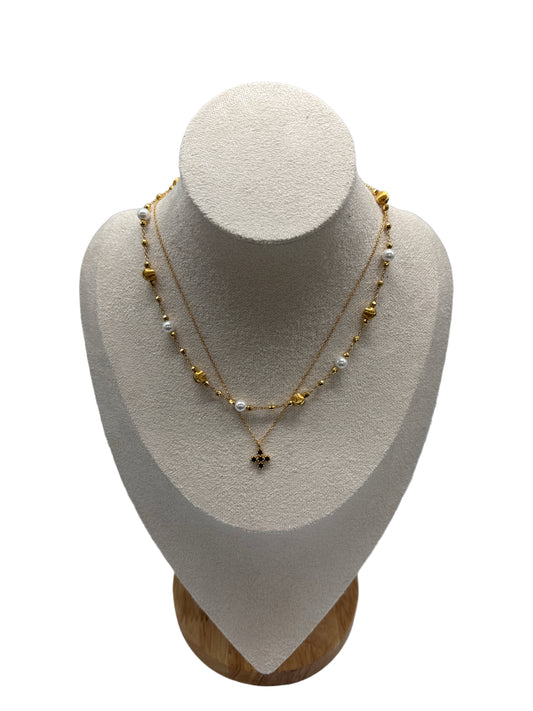 s925 Sterling Silver Gold Plated Necklaces Set: Four-Leaf Clover & Cat Eye with Swarovski Pearls