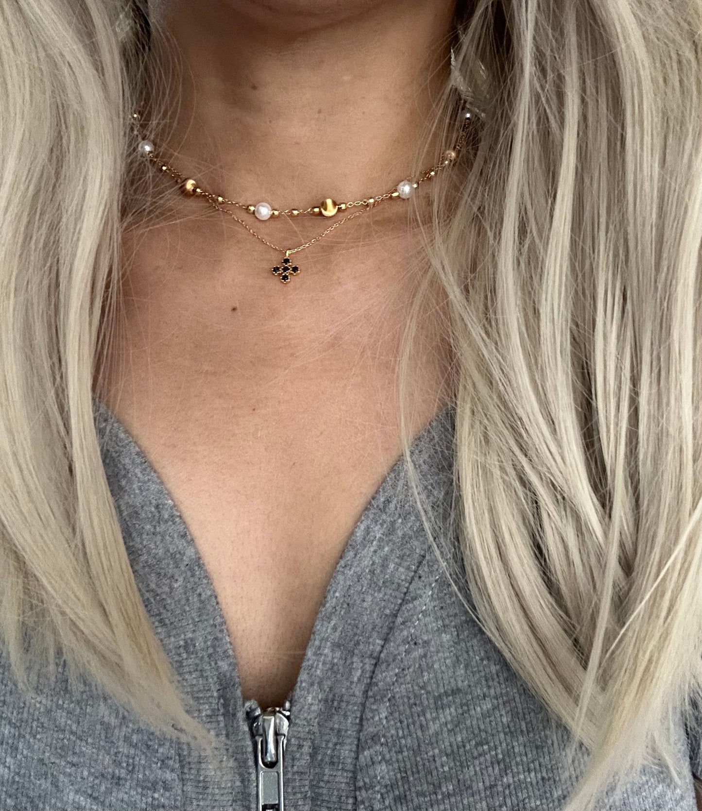 s925 Sterling Silver Gold Plated Necklaces Set: Four-Leaf Clover & Cat Eye with Swarovski Pearls