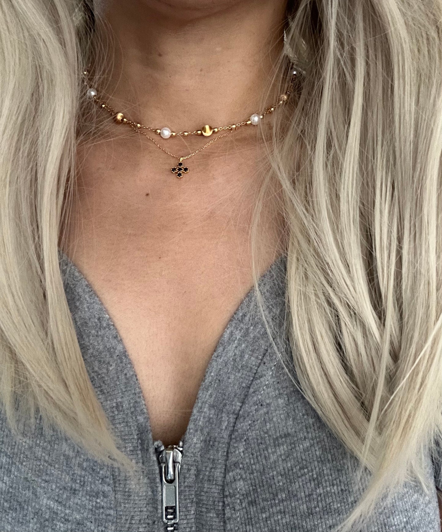 s925 Sterling Silver Gold Plated Necklaces Set: Four-Leaf Clover & Cat Eye with Swarovski Pearls