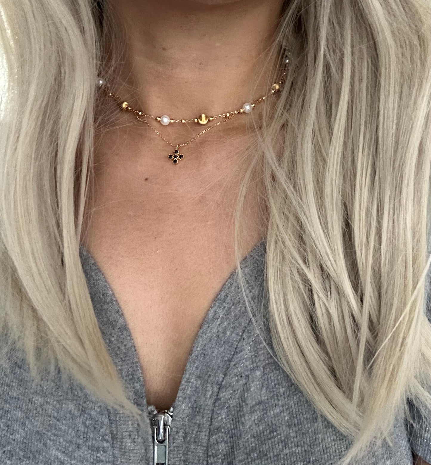 s925 Sterling Silver Gold Plated Necklaces Set: Four-Leaf Clover & Cat Eye with Swarovski Pearls