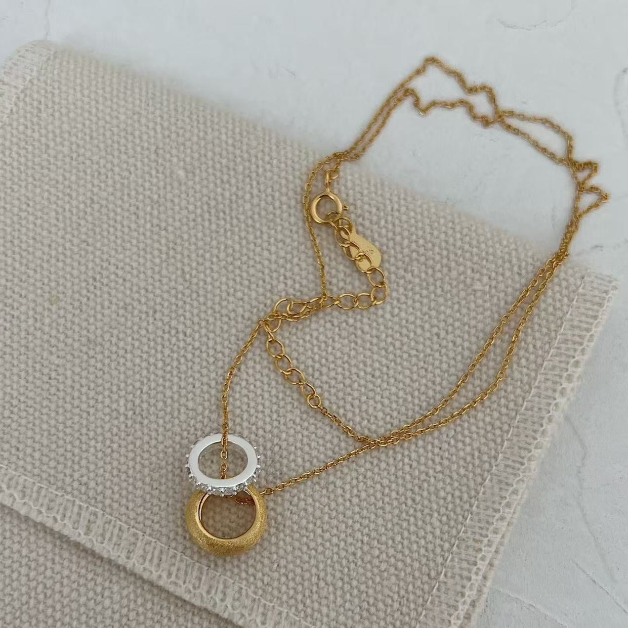 s925 Sterling Silver Gold Plated Necklaces Set: Two-Tone Circular Pendant & Tiger's Eye with Pearls