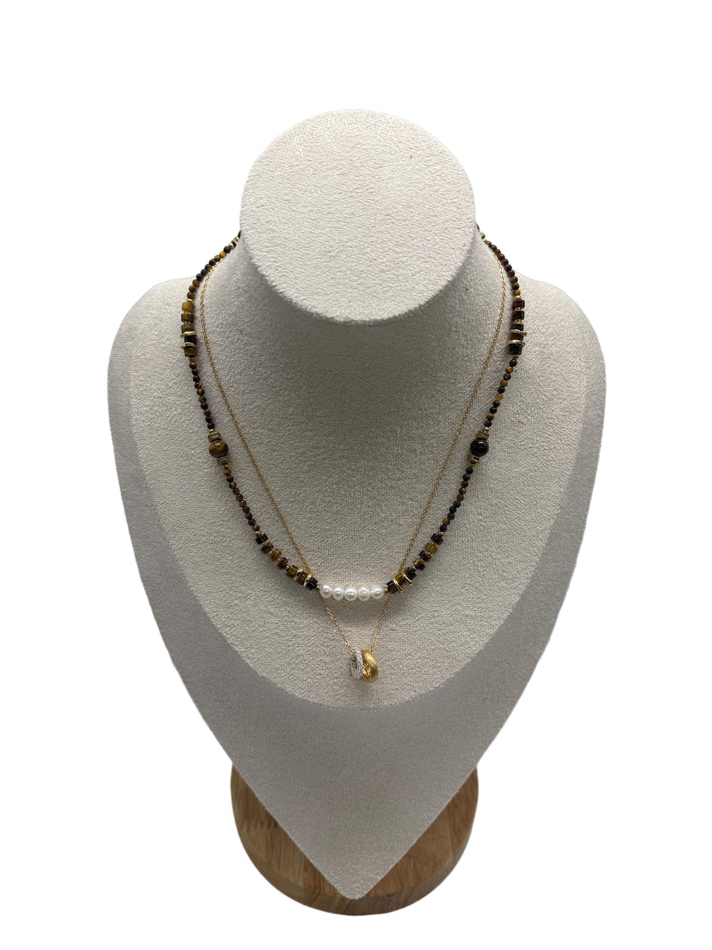 s925 Sterling Silver Gold Plated Necklaces Set: Two-Tone Circular Pendant & Tiger's Eye with Pearls