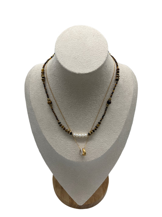 s925 Sterling Silver Gold Plated Necklaces Set: Two-Tone Circular Pendant & Tiger's Eye with Pearls