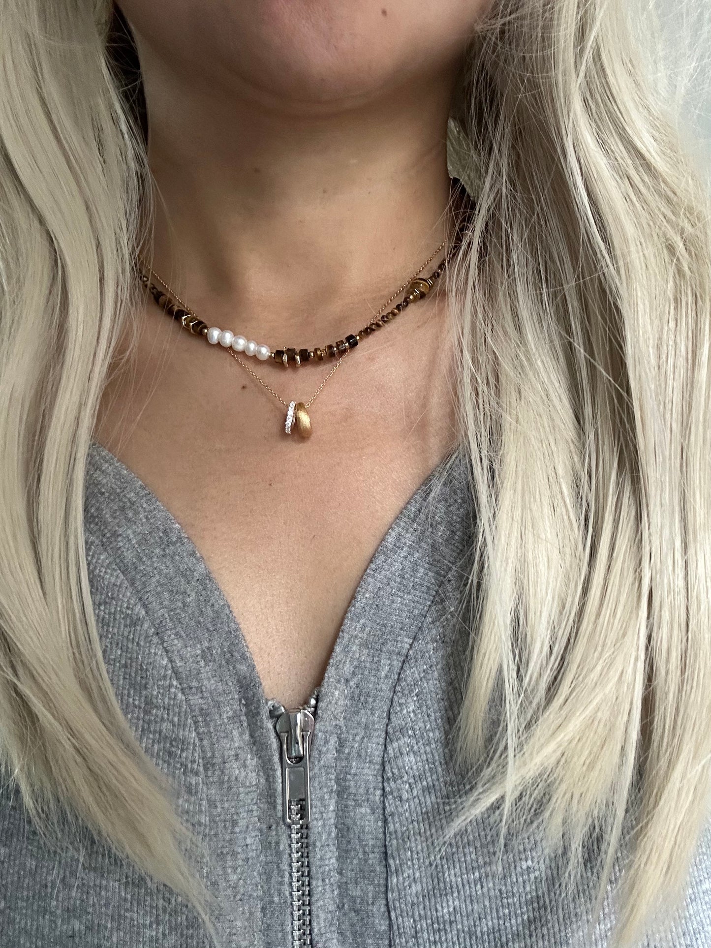 s925 Sterling Silver Gold Plated Necklaces Set: Two-Tone Circular Pendant & Tiger's Eye with Pearls