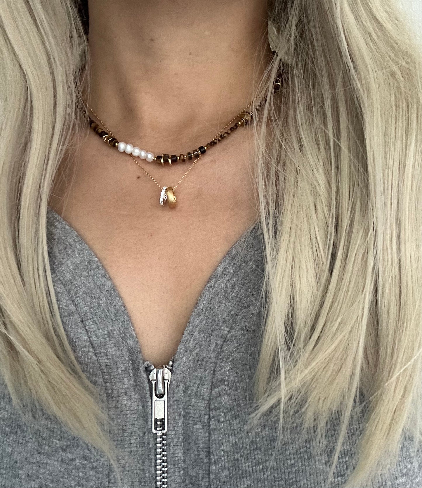 s925 Sterling Silver Gold Plated Necklaces Set: Two-Tone Circular Pendant & Tiger's Eye with Pearls