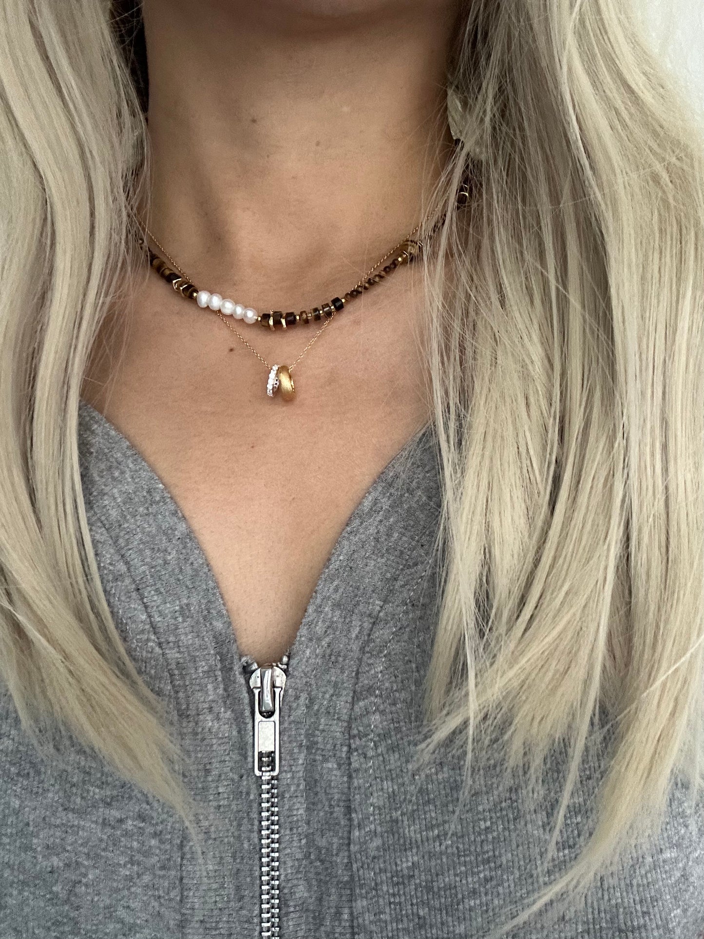 s925 Sterling Silver Gold Plated Necklaces Set: Two-Tone Circular Pendant & Tiger's Eye with Pearls