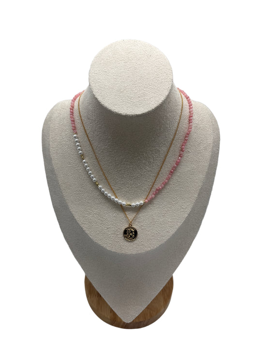 s925 Sterling Silver Gold Plated Necklaces Set: Gold Coin & Natural Pink Opal with Pearls