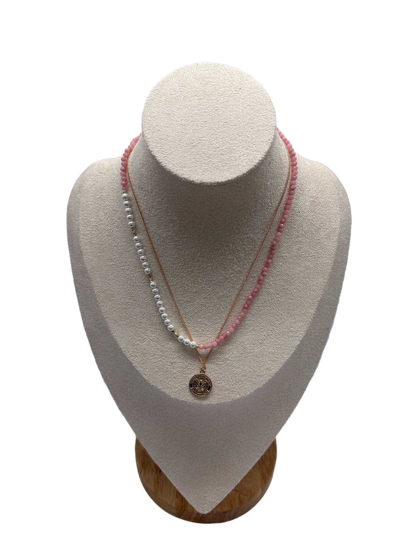 s925 Sterling Silver Gold Plated Necklaces Set: Gold Coin & Natural Pink Opal with Pearls