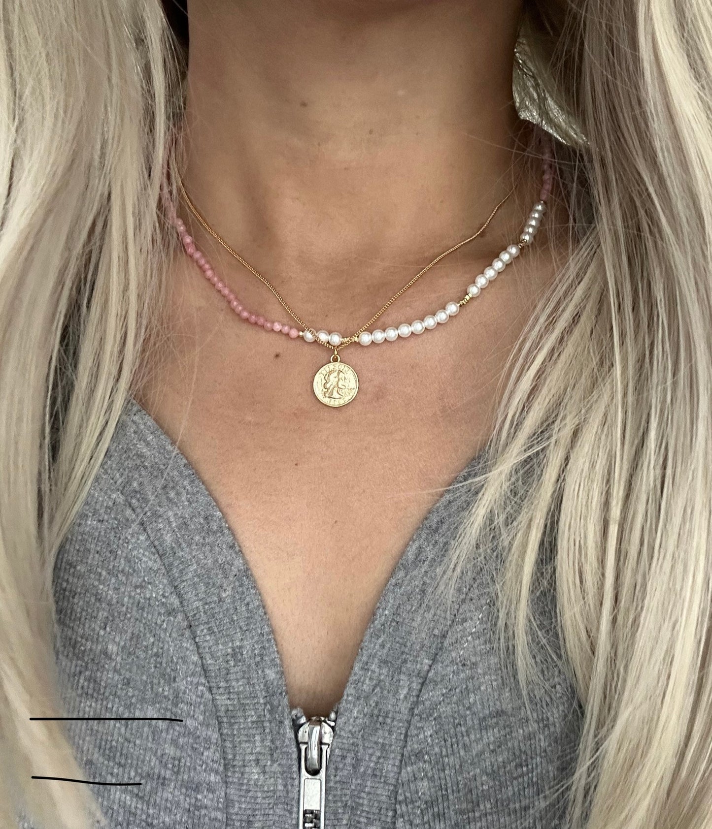 s925 Sterling Silver Gold Plated Necklaces Set: Gold Coin & Natural Pink Opal with Pearls