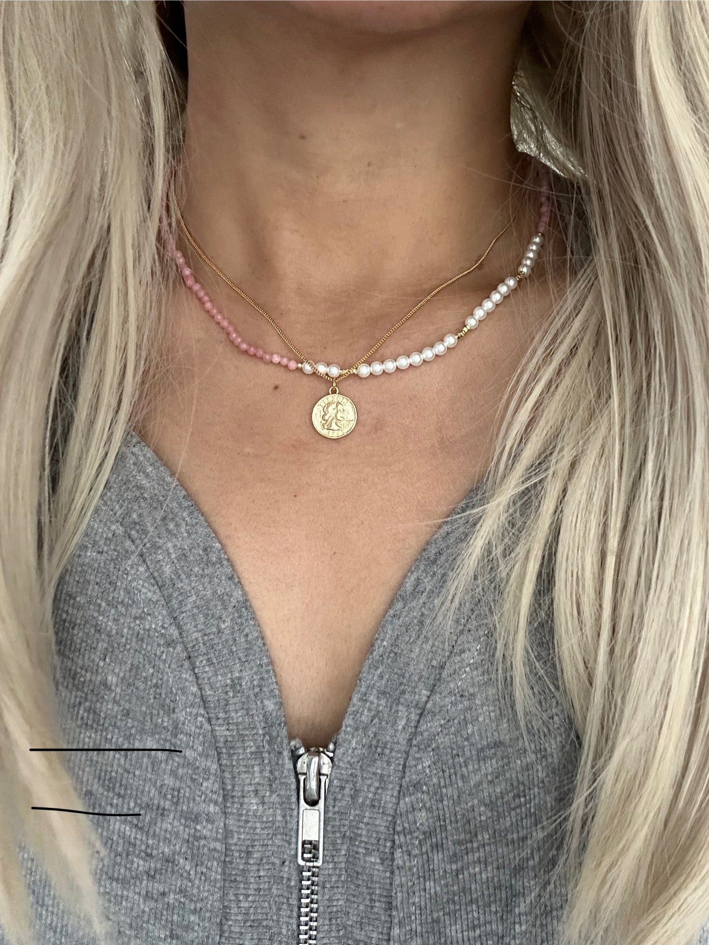 s925 Sterling Silver Gold Plated Necklaces Set: Gold Coin & Natural Pink Opal with Pearls