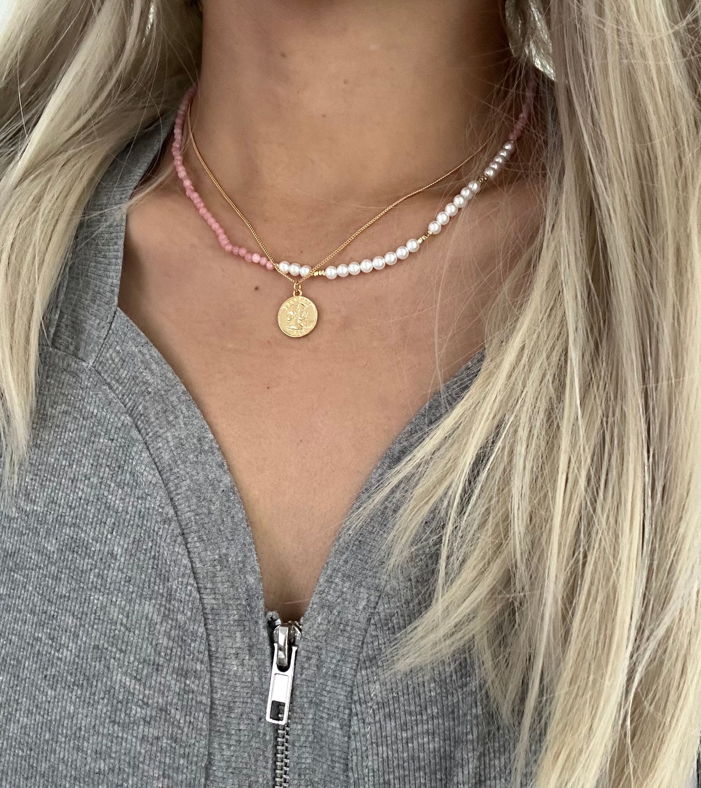 s925 Sterling Silver Gold Plated Necklaces Set: Gold Coin & Natural Pink Opal with Pearls