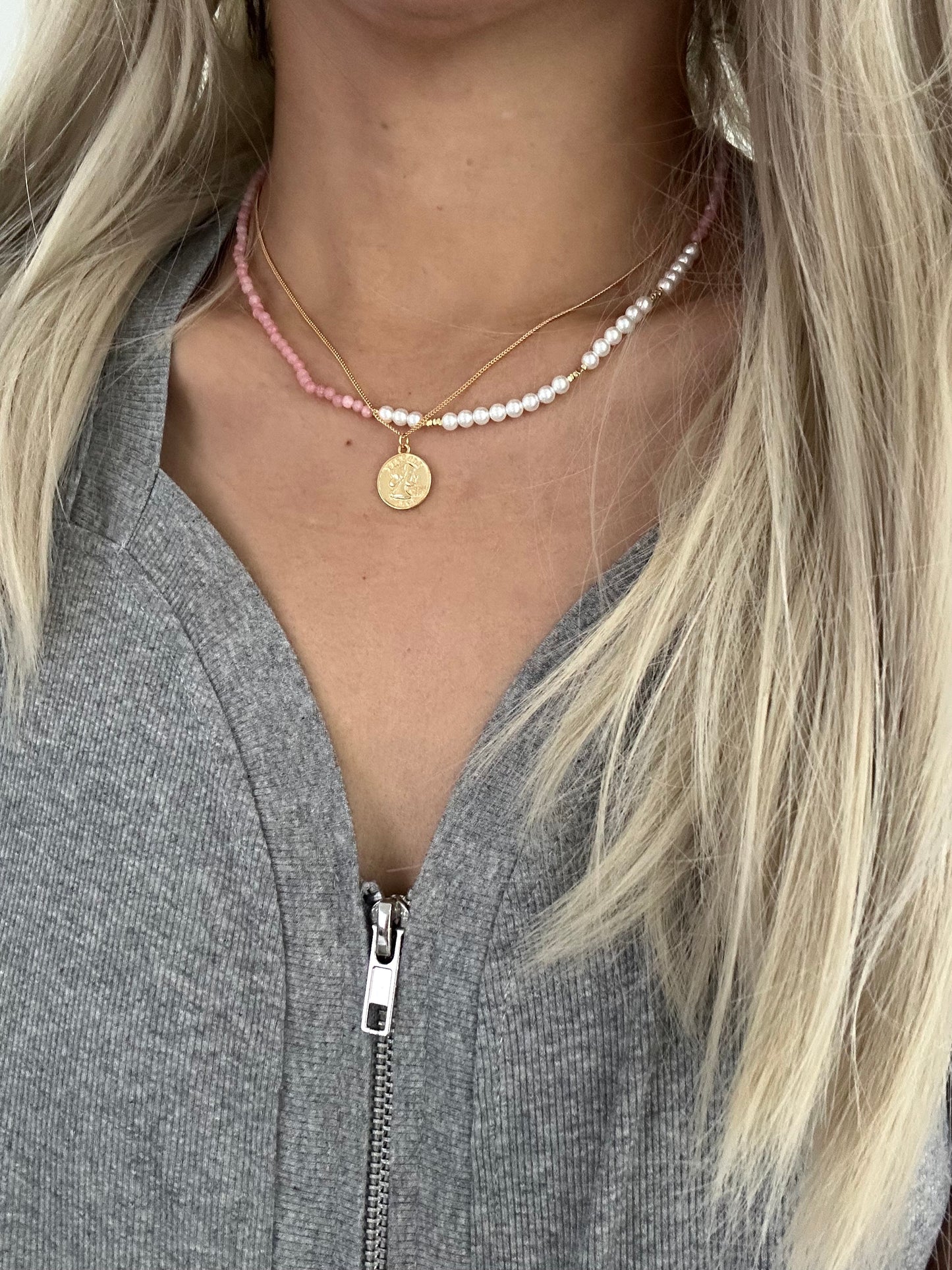 s925 Sterling Silver Gold Plated Necklaces Set: Gold Coin & Natural Pink Opal with Pearls