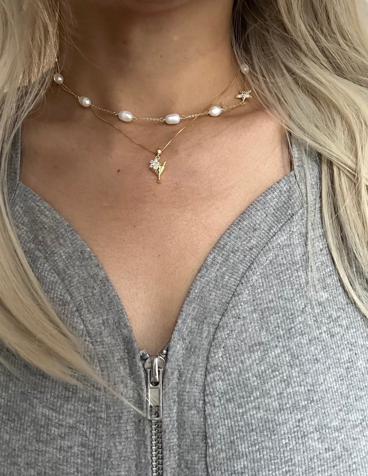 s925 Sterling Silver Gold Plated Zirconia Freshwater Pearl Necklace & Cocktail Pendant Necklace Set