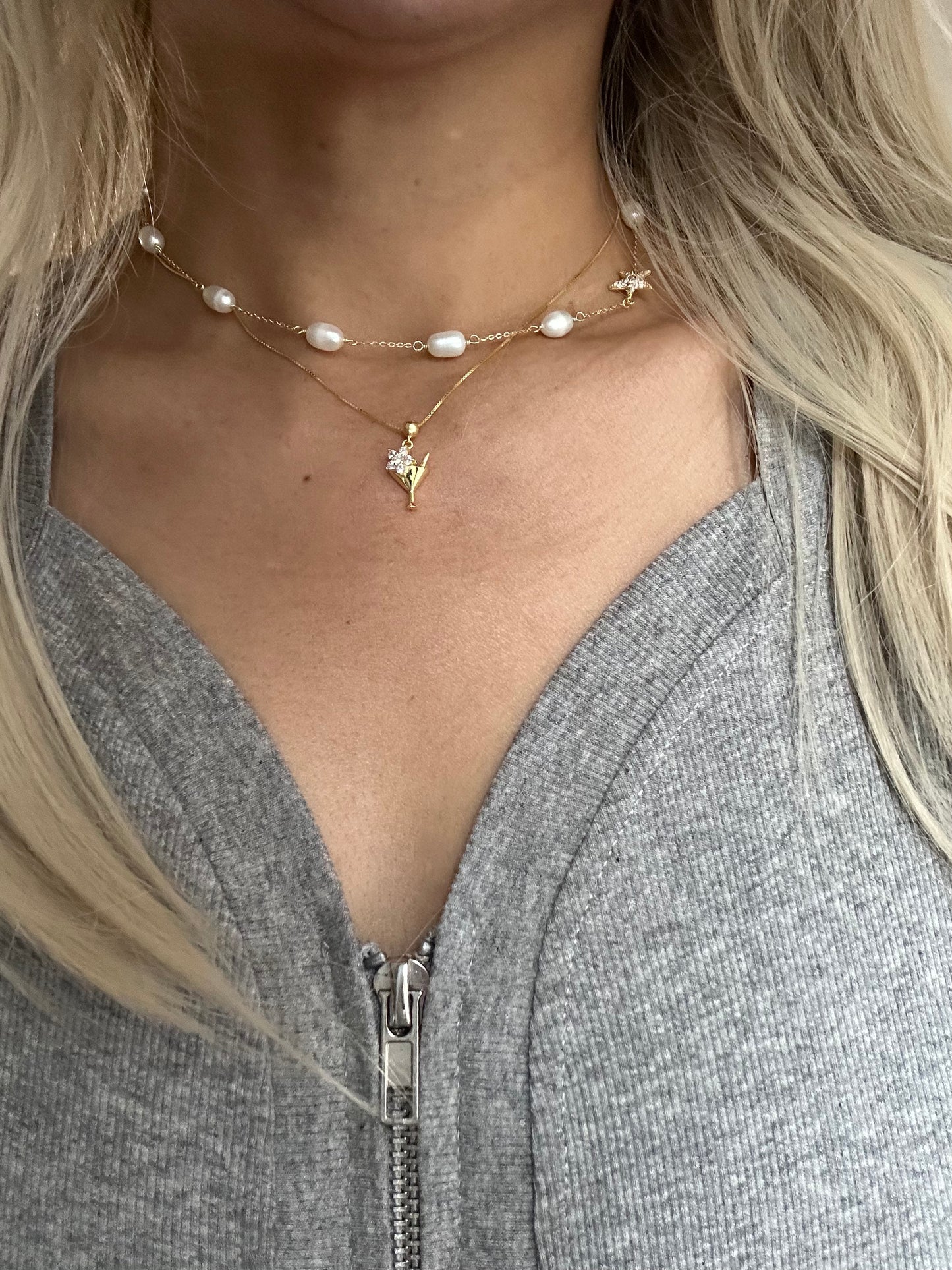 s925 Sterling Silver Gold Plated Zirconia Freshwater Pearl Necklace & Cocktail Pendant Necklace Set