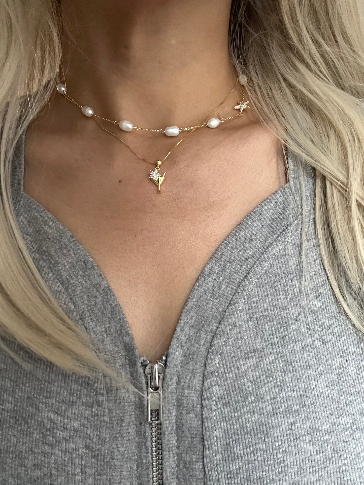 s925 Sterling Silver Gold Plated Zirconia Freshwater Pearl Necklace & Cocktail Pendant Necklace Set