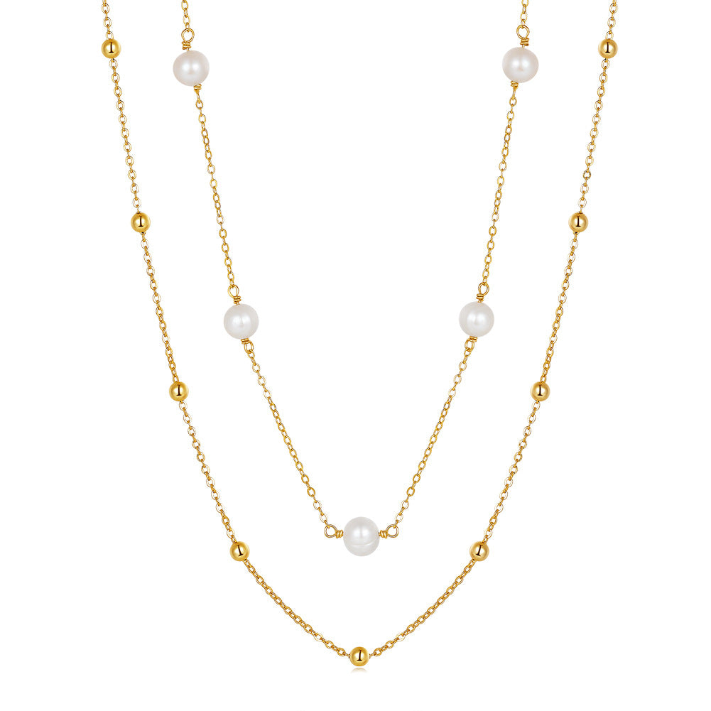s925 Sterling Silver Double Layer Necklace: Zirconia & Freshwater Pearls
