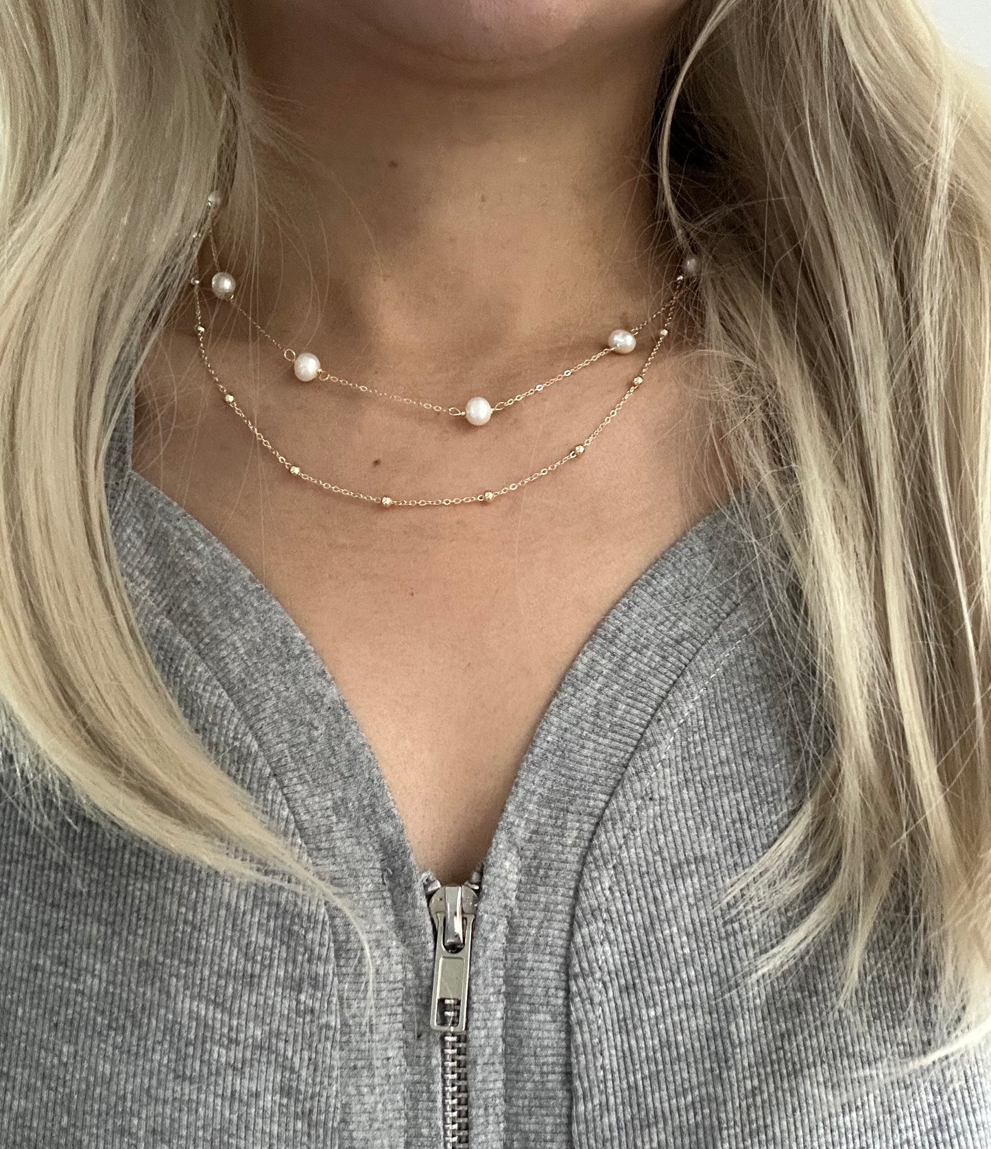 s925 Sterling Silver Double Layer Necklace: Zirconia & Freshwater Pearls