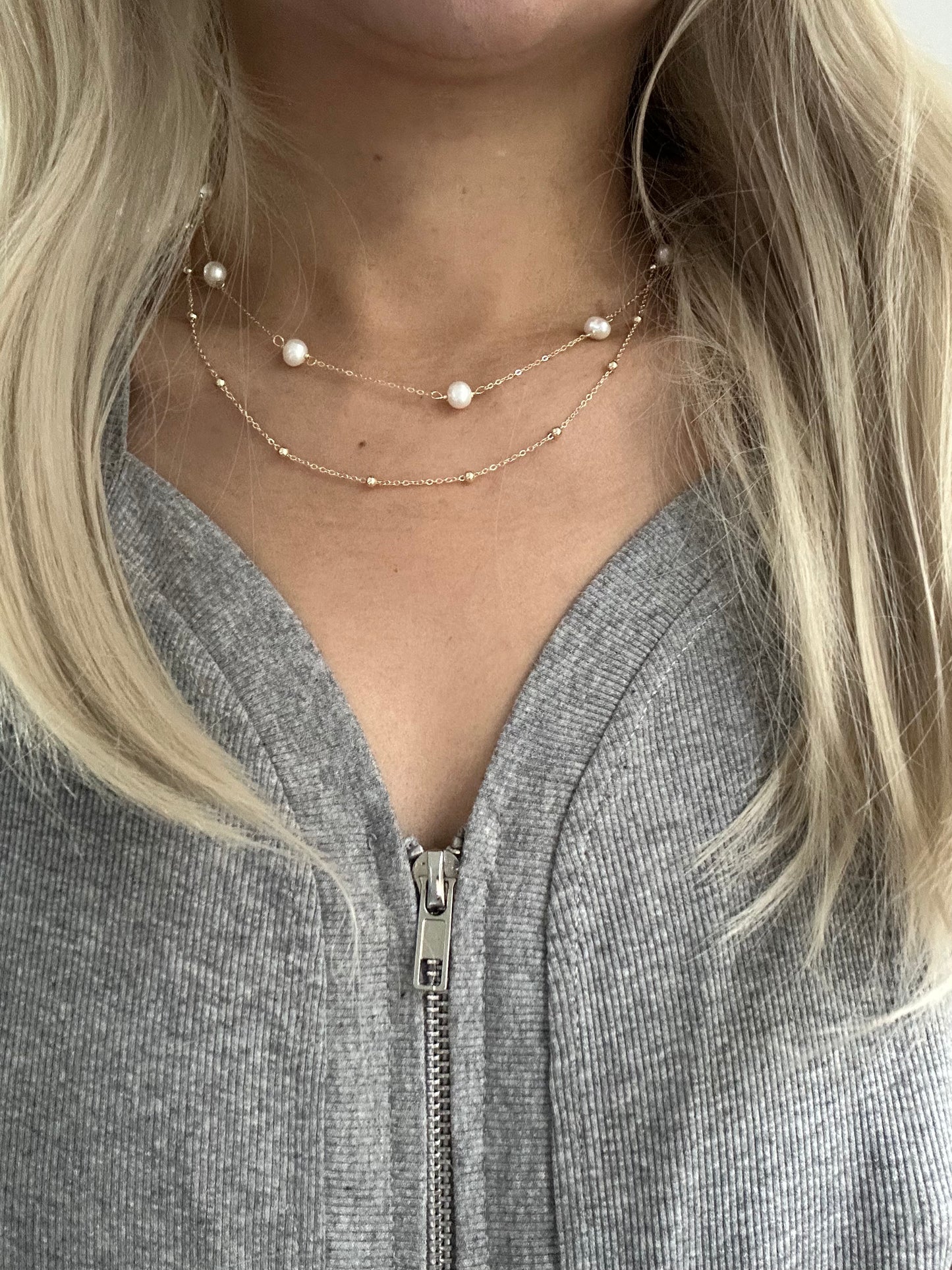 s925 Sterling Silver Double Layer Necklace: Zirconia & Freshwater Pearls