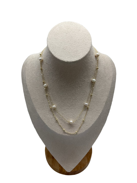 s925 Sterling Silver Double Layer Necklace: Zirconia & Freshwater Pearls
