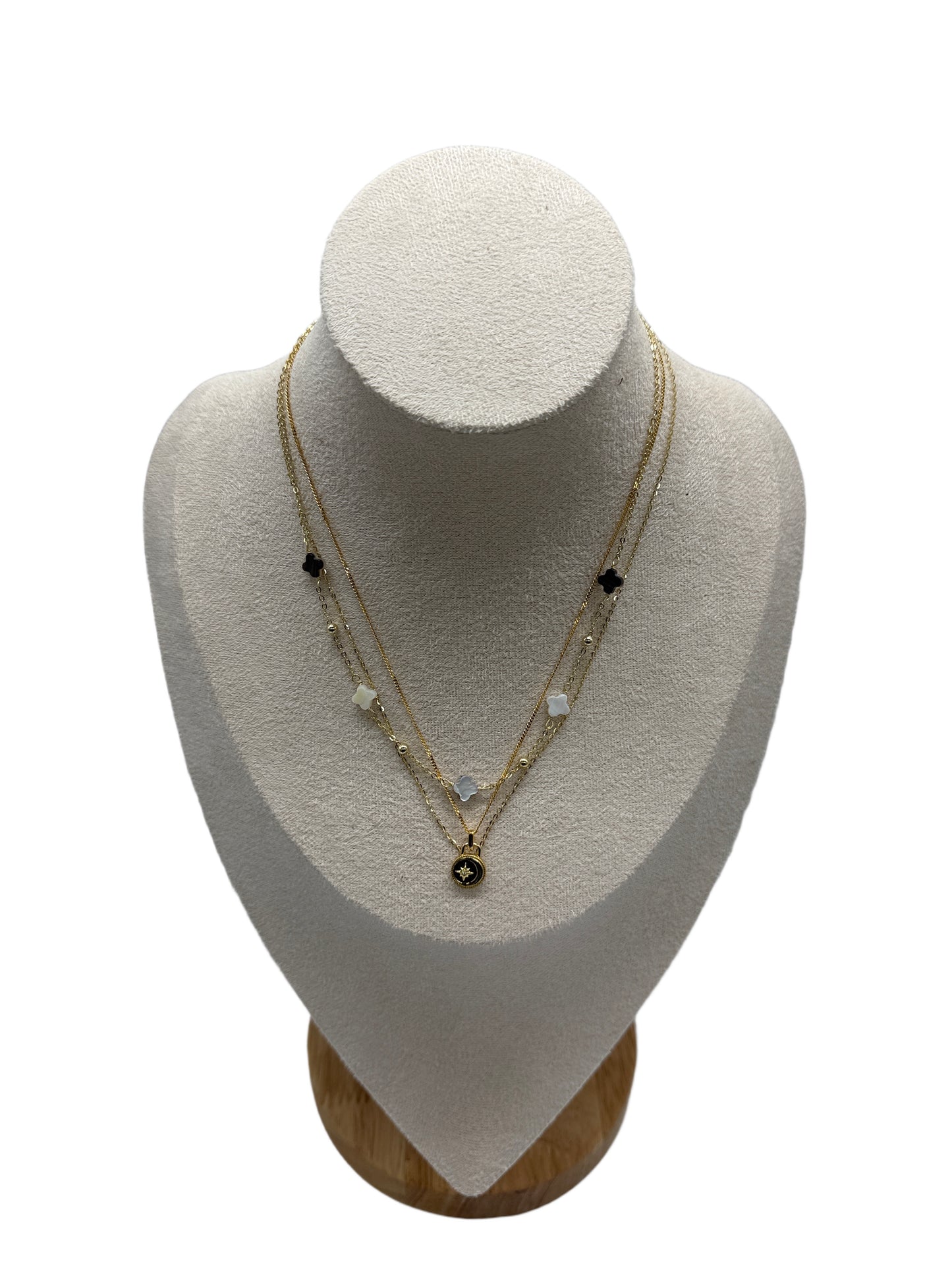 s925 Sterling Silver Gold Plated Necklaces: Four-Leaf Clover & Black Onyx with Star-Moon Design