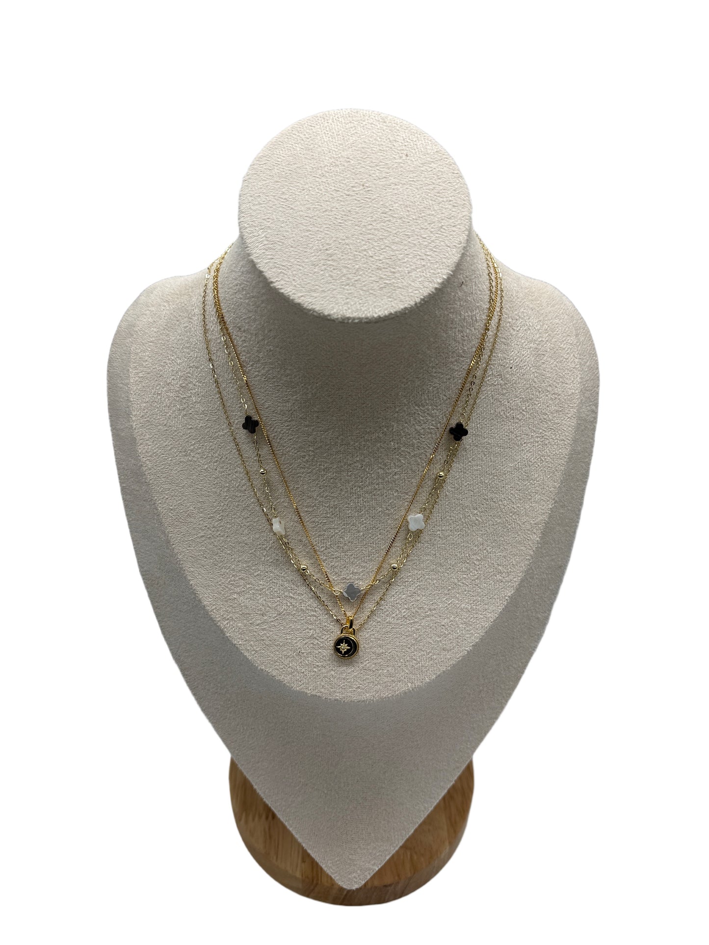 s925 Sterling Silver Gold Plated Necklaces: Four-Leaf Clover & Black Onyx with Star-Moon Design