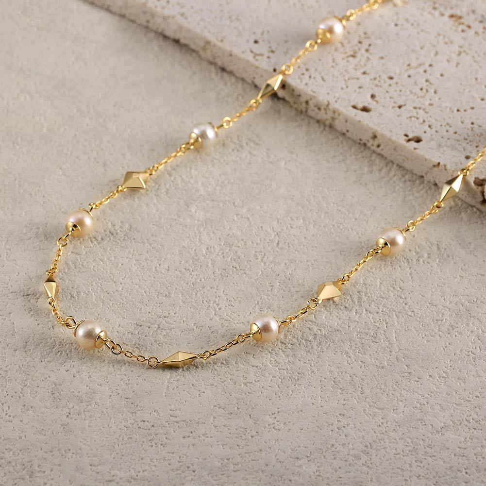 s925 Sterling Silver Gold Plated Necklaces Set: Natural Pearls & Rose Flower Embossed Coin