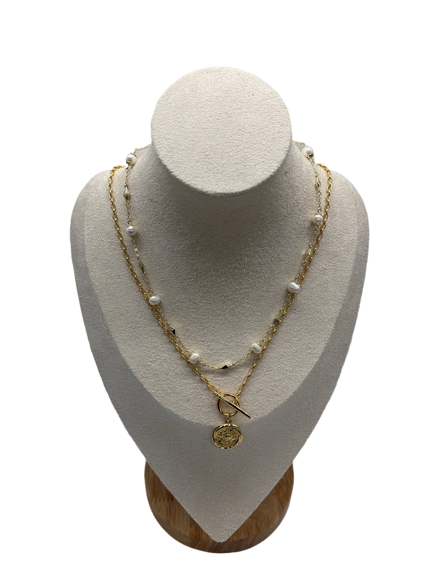 s925 Sterling Silver Gold Plated Necklaces Set: Natural Pearls & Rose Flower Embossed Coin