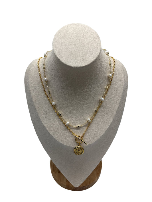 s925 Sterling Silver Gold Plated Necklaces Set: Natural Pearls & Rose Flower Embossed Coin