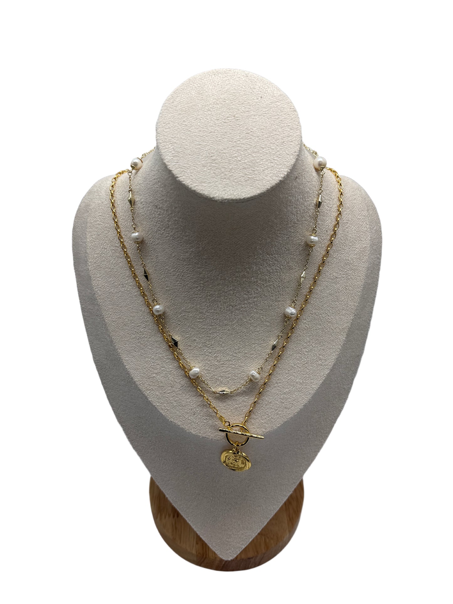 s925 Sterling Silver Gold Plated Necklaces Set: Natural Pearls & Rose Flower Embossed Coin