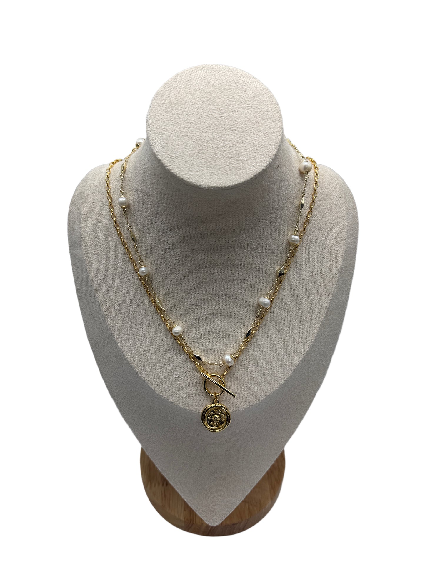 s925 Sterling Silver Gold Plated Necklaces Set: Natural Pearls & Rose Flower Embossed Coin