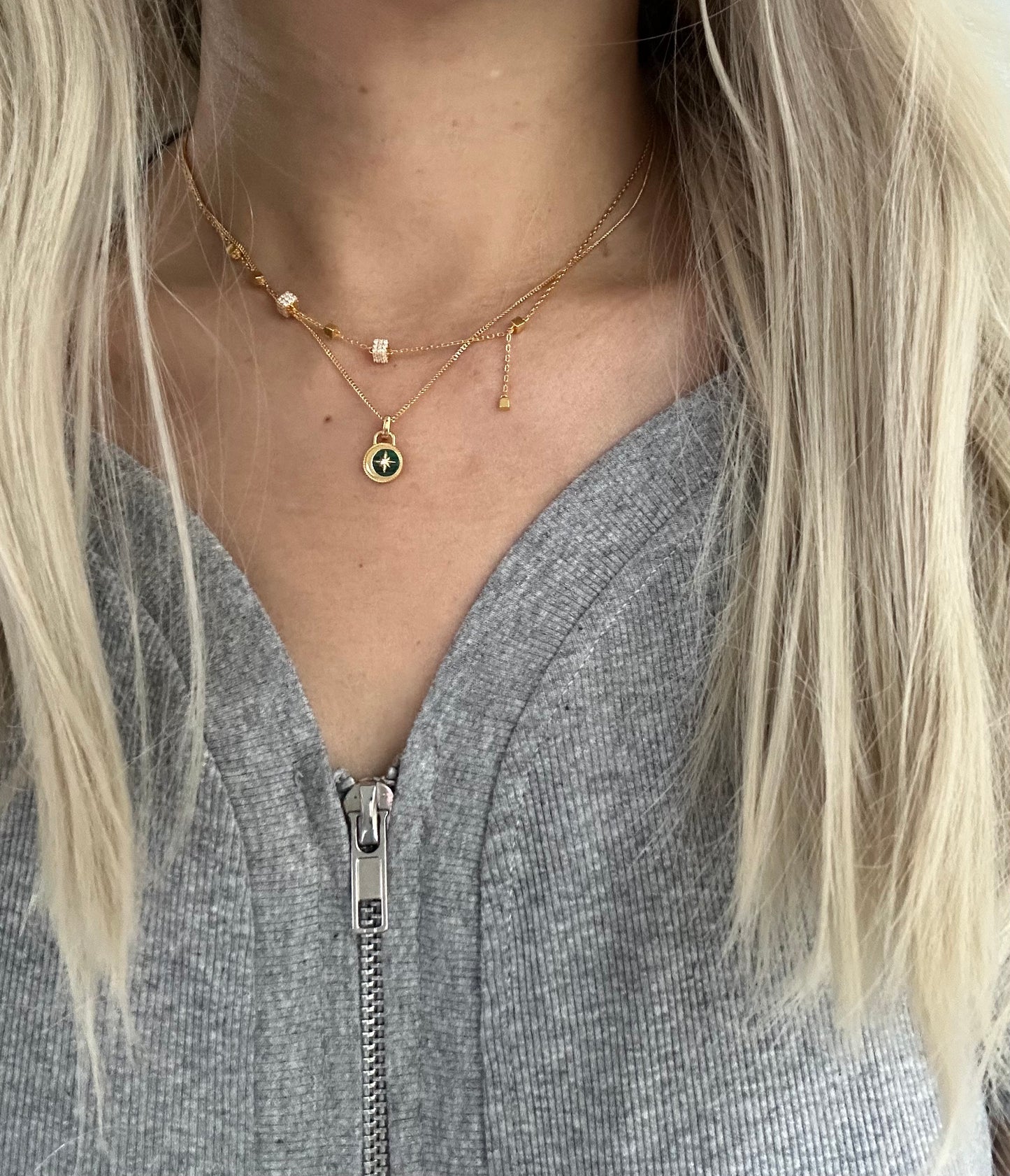 s925 Sterling Silver Gold Plated Necklaces Set: Small Square Tassel & Malachite with Star-Moon Design