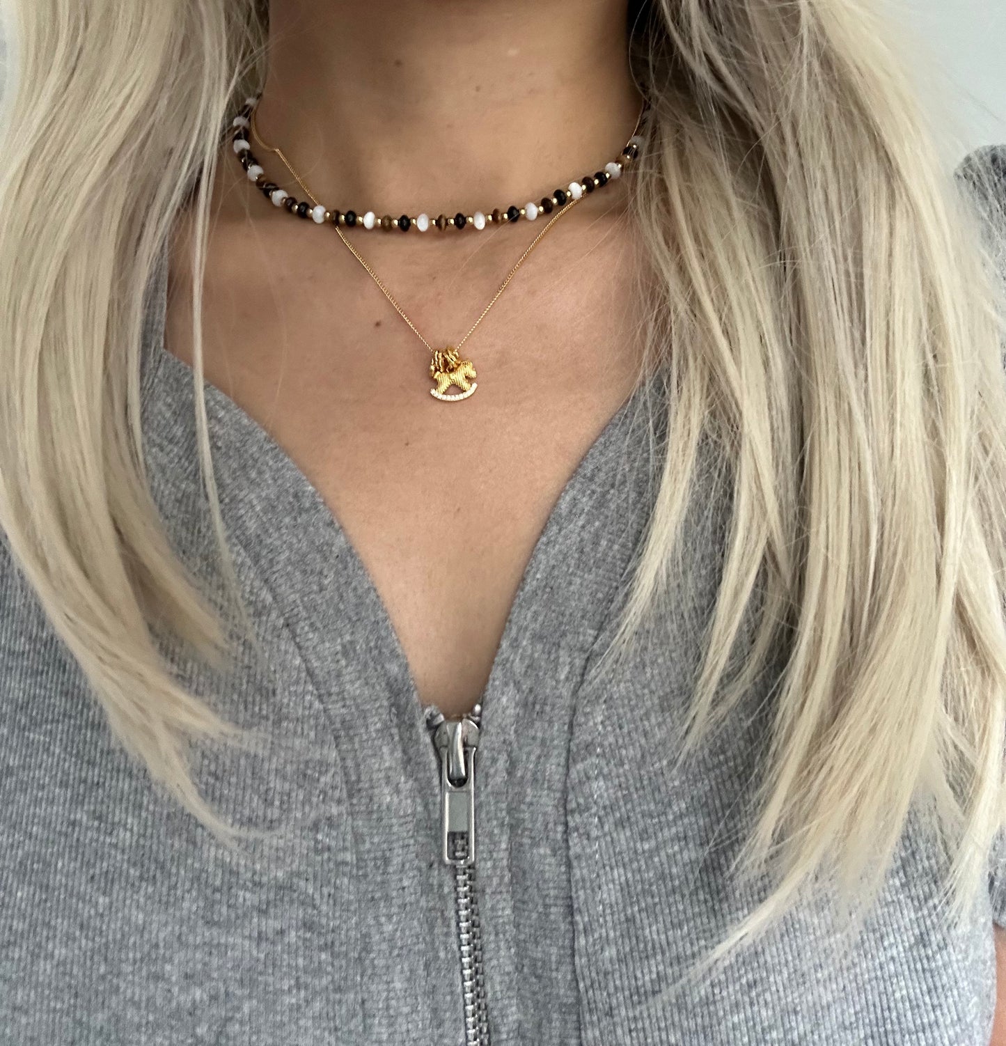 s925 Sterling Silver Gold Plated Necklaces Set: Rocking Horse & Tiger's Eye with Pearls