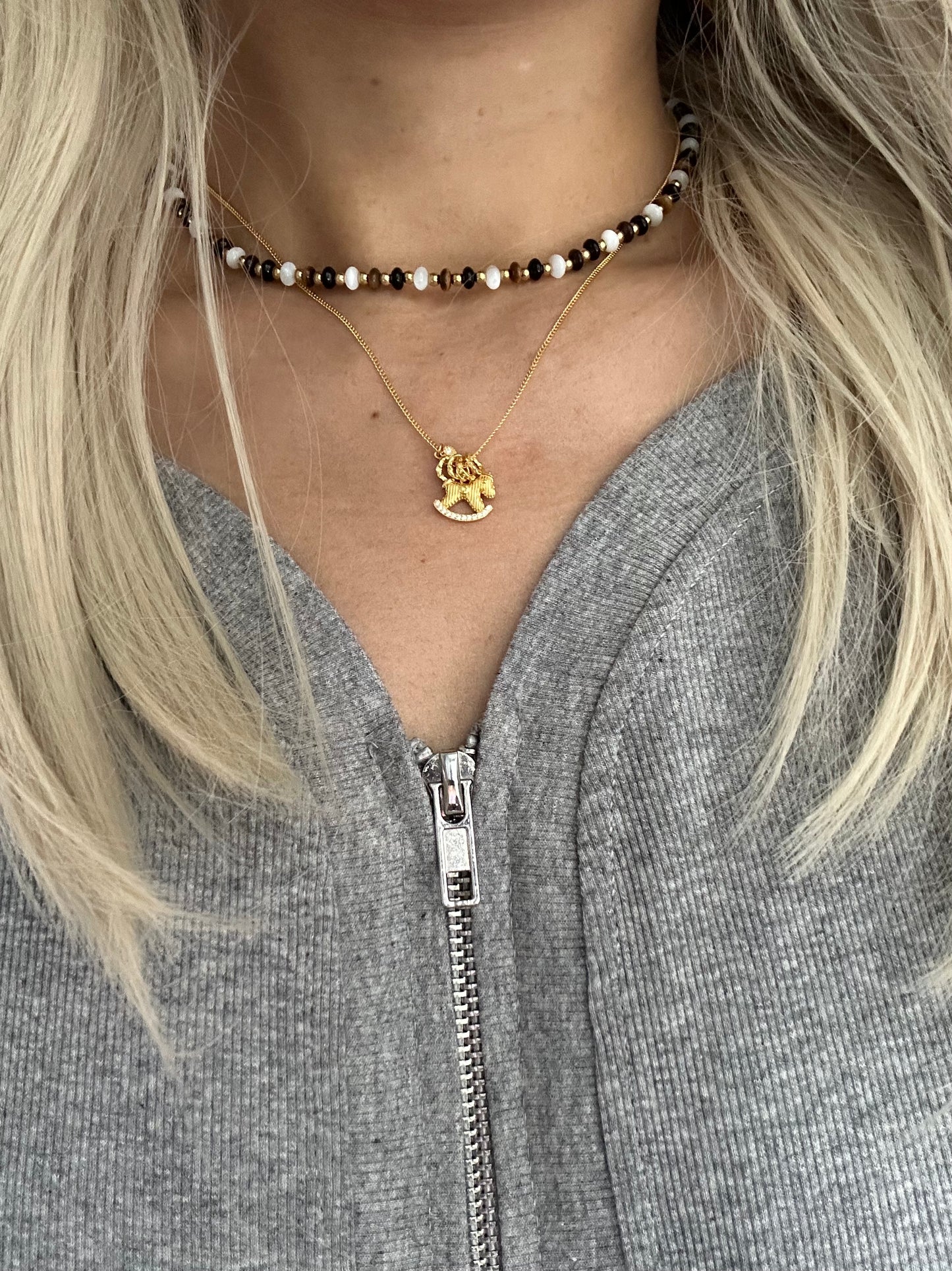 s925 Sterling Silver Gold Plated Necklaces Set: Rocking Horse & Tiger's Eye with Pearls