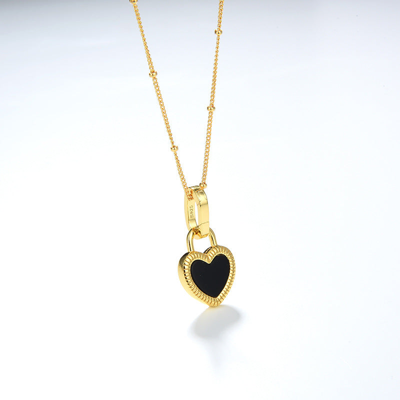 s925 Sterling Silver Gold Plated Necklaces Set: Black Onyx & White Shell Heart Pendant and Natural Stone with Pearls