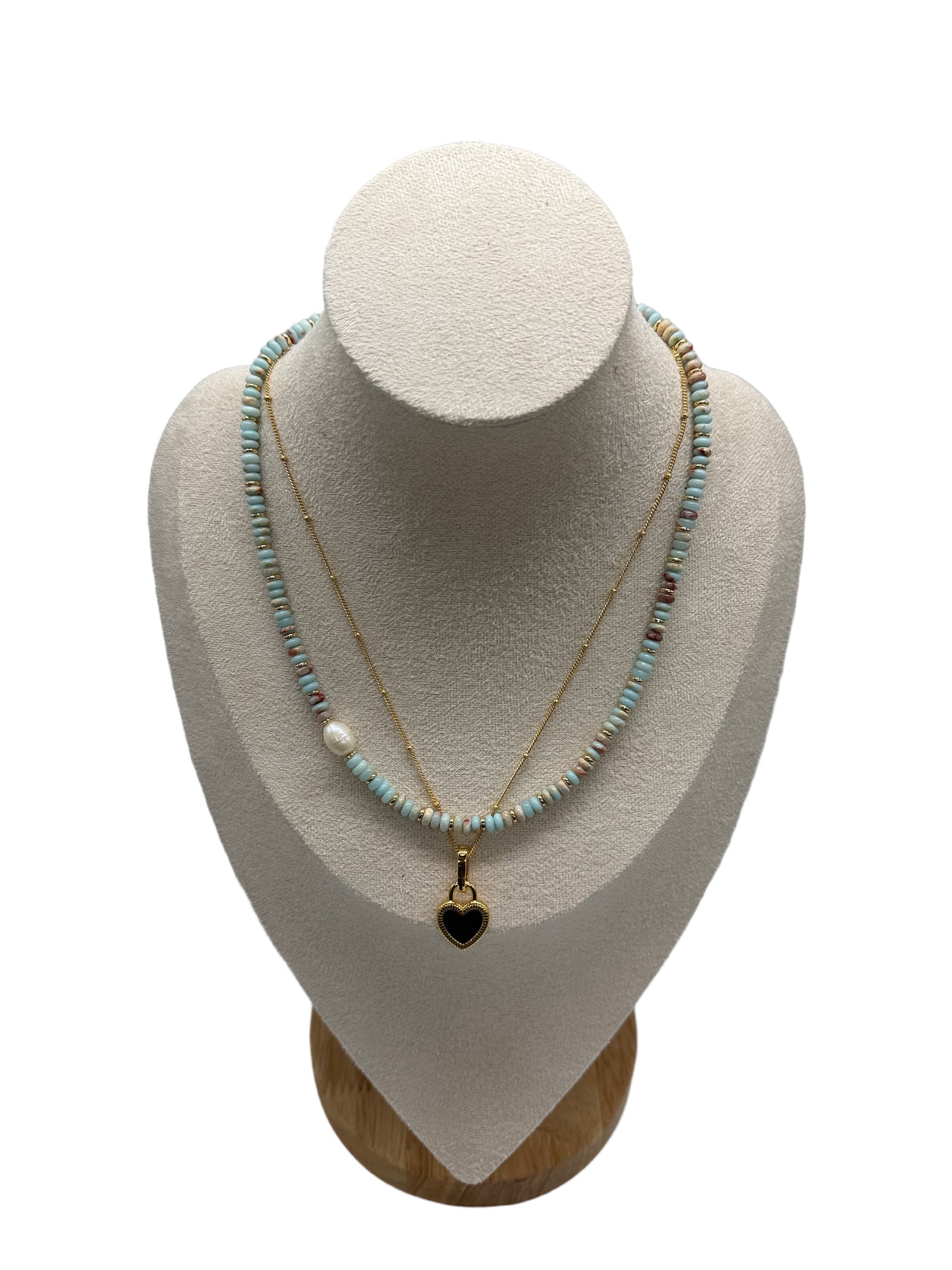 s925 Sterling Silver Gold Plated Necklaces Set: Black Onyx & White Shell Heart Pendant and Natural Stone with Pearls