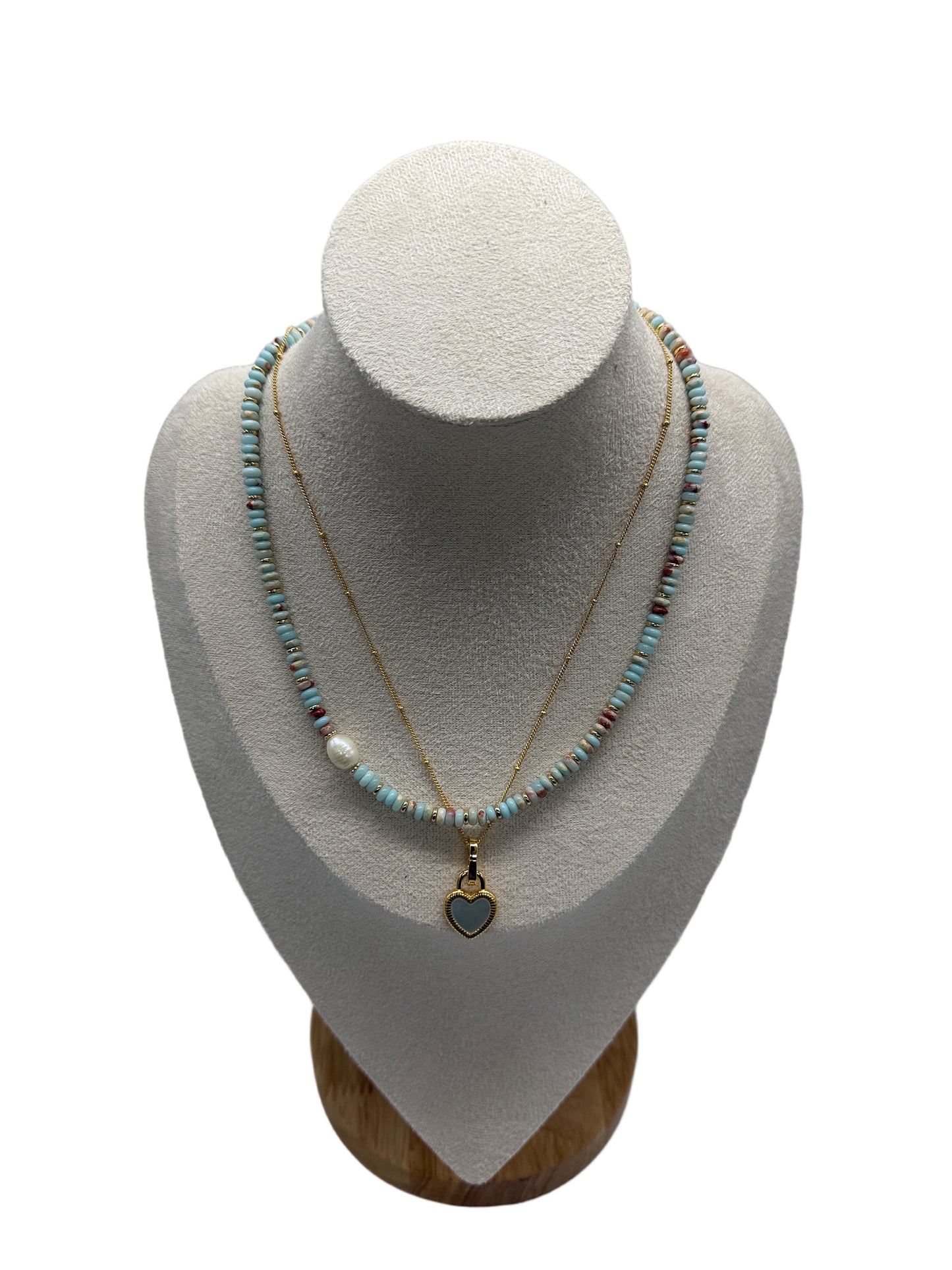 s925 Sterling Silver Gold Plated Necklaces Set: Black Onyx & White Shell Heart Pendant and Natural Stone with Pearls