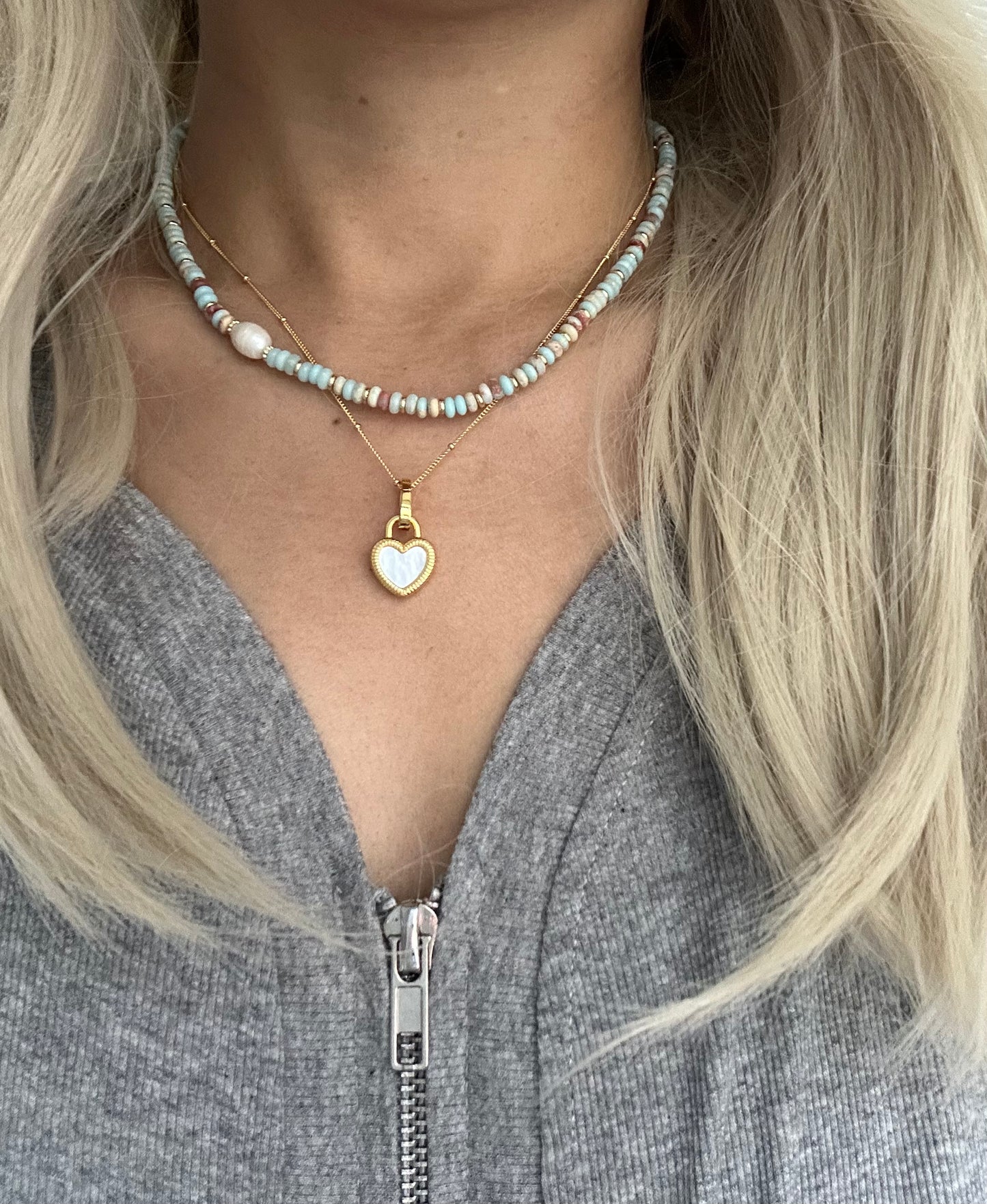 s925 Sterling Silver Gold Plated Necklaces Set: Black Onyx & White Shell Heart Pendant and Natural Stone with Pearls