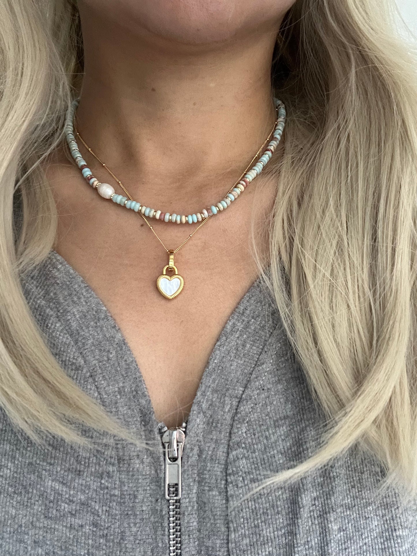 s925 Sterling Silver Gold Plated Necklaces Set: Black Onyx & White Shell Heart Pendant and Natural Stone with Pearls